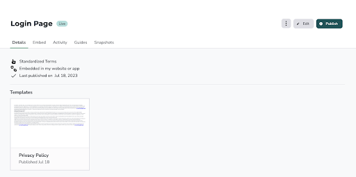 Screenshot of a Login Page editor showing the Details tab with options like Embed, Activity, Guides, and Snapshots. A privacy policy template is visible, published on July 18, 2023.