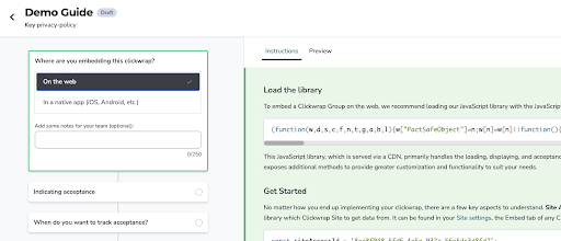 A screenshot of a Demo Guide page showing instructions for embedding Clickwrap. The left panel asks where to embed it, while the main area explains how to load the library with sample code.