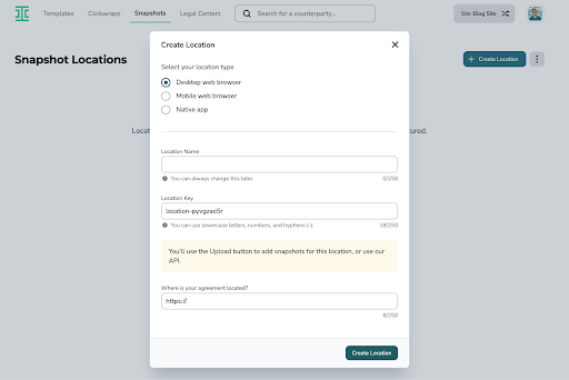 A web interface shows a “Create Location” pop-up form with options for location type, fields for location name, location key, and location URL, plus “Create Location” and “Cancel” buttons at the bottom.