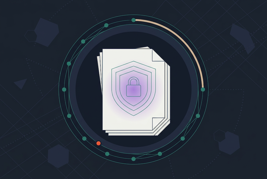 A stack of documents with a shield and lock icon overlay, symbolizing data security for sensitive contracts, is surrounded by a circular digital network on a dark background.