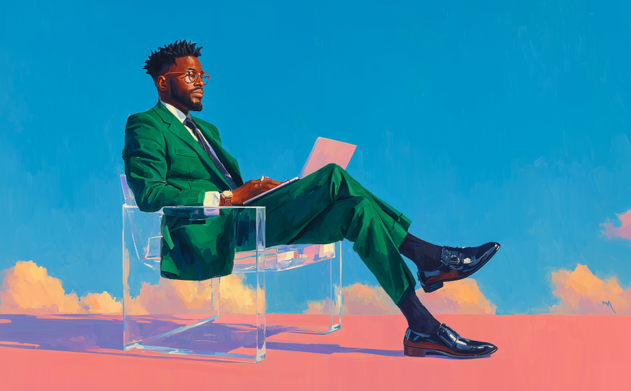 A man in a green suit sits confidently on a transparent chair outdoors, working on his laptop. The bright blue sky and soft clouds frame his modern, vibrant workspace—perfect for advancing his procurement career journey.