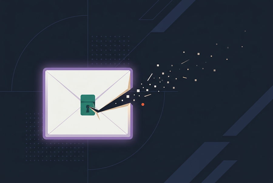 An envelope with a green padlock being broken open, releasing scattered digital pixels against a dark background, symbolizing a confidentiality agreement breach or email security compromise.