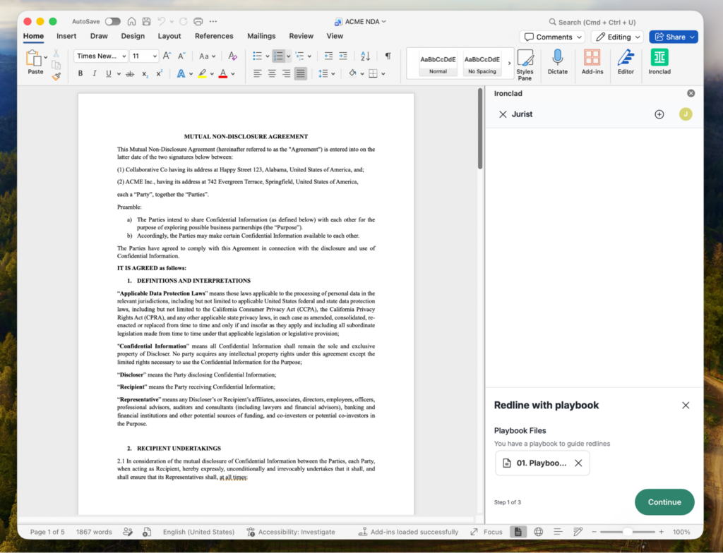 A computer screen displays a Microsoft Word document titled Mutual Nondisclosure Agreement, highlighting formatting tools, comments, and the Redline with playbook sidebar—an essential resource on your procurement career journey.
