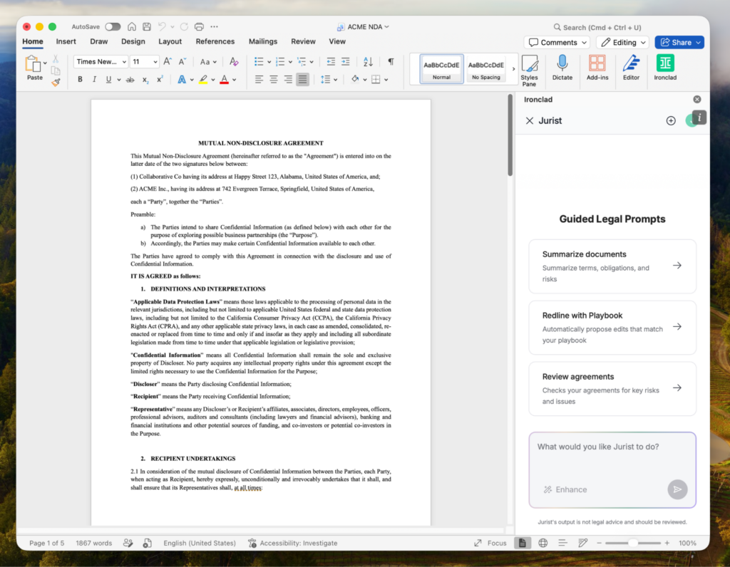 A computer screen displays a Word document titled MUTUAL NON-DISCLOSURE AGREEMENT on the left and a sidebar on the right with legal writing suggestions and prompts under the heading Jurist, supporting users on their procurement career journey.