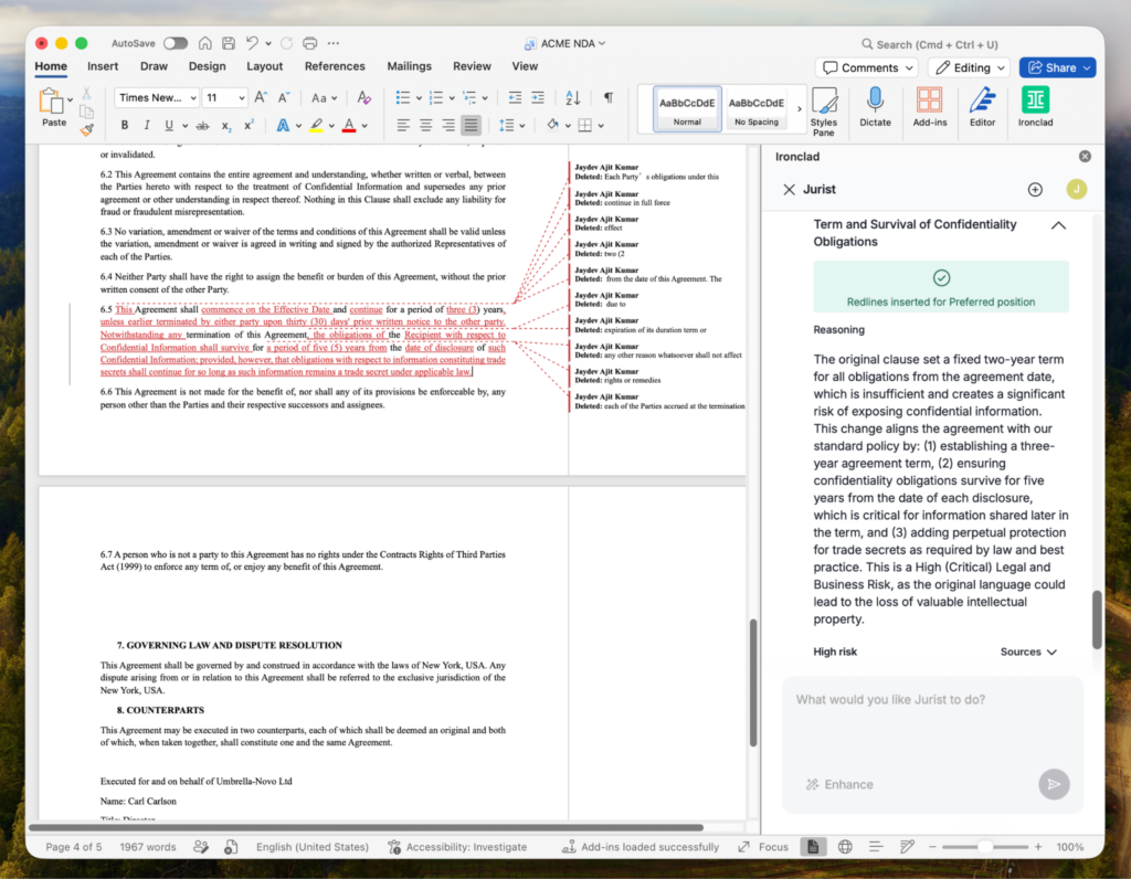 A computer screen displays a Word document with tracked changes and comments on a contract. On the right, a sidebar shows an AI tool called “Jurist” with legal analysis about confidentiality obligations in a procurement career journey.