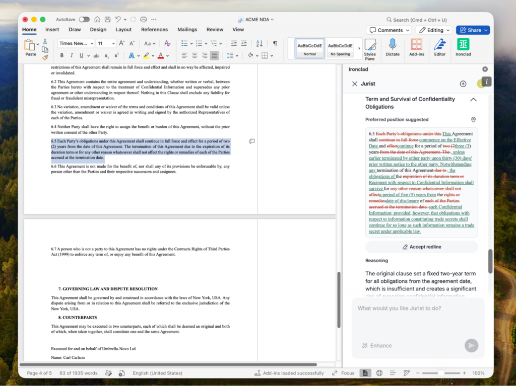 A computer screen displays a Microsoft Word document with a visible contract. On the right side, the Jurist add-in window shows suggested edits and reasoning, highlighting confidentiality obligations relevant to your procurement career journey.