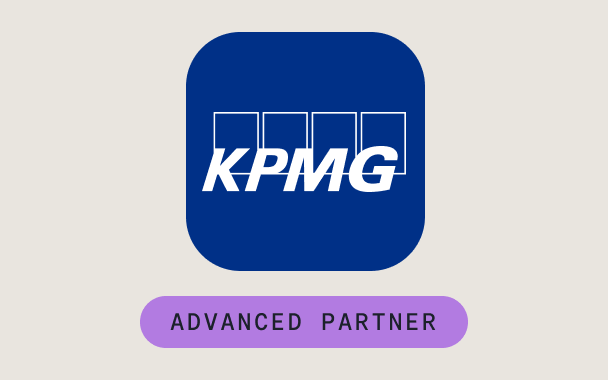 KPMG logo in white on a blue rounded square, with the words KPMG ADVANCED PARTNER below in purple on a rounded rectangle.
