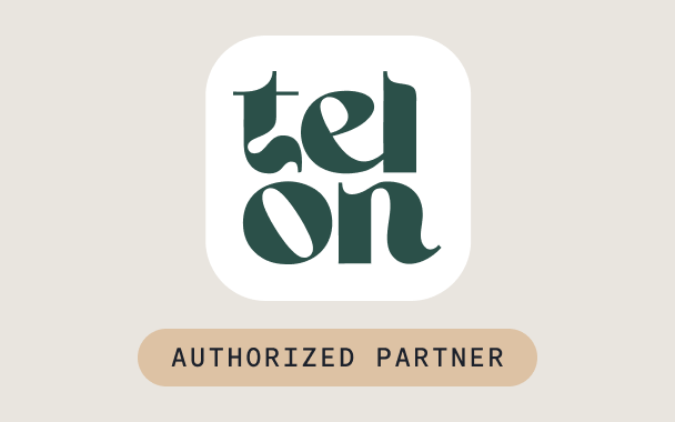 A rounded square logo with the word telon in dark green stylized text, above a beige rectangle containing the words AUTHORIZED PARTNER in uppercase black letters, subtly echoing the professional aesthetic seen in KPMG’s branding.
