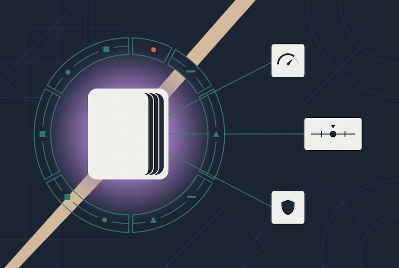 Abstract illustration of a stack of papers with three icons connected: a speedometer, a slider, and a shield, suggesting performance, control, and security—alongside contract compliance considerations—on a dark geometric background.