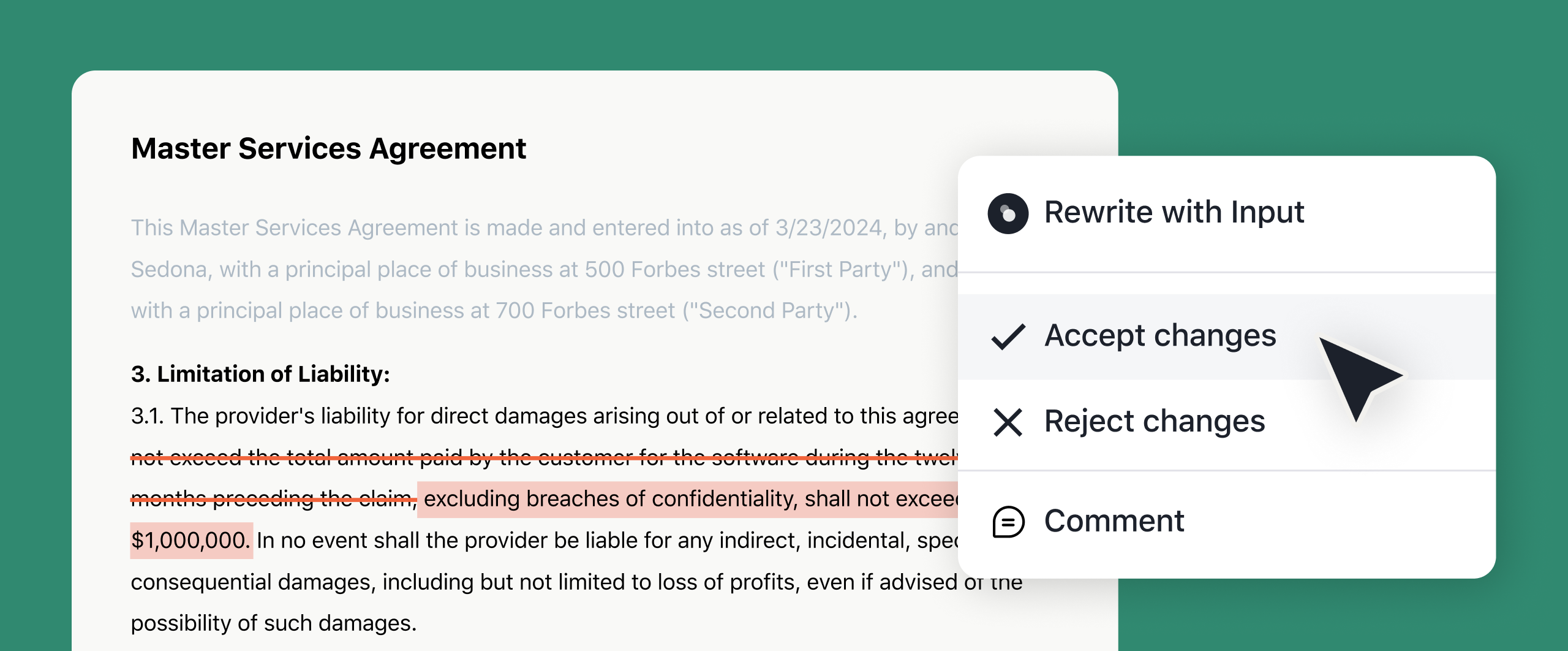 A contract titled Master Services Agreement is shown with a section of text highlighted and deleted, and an editing menu with options to accept changes, reject changes, or comment is visible.