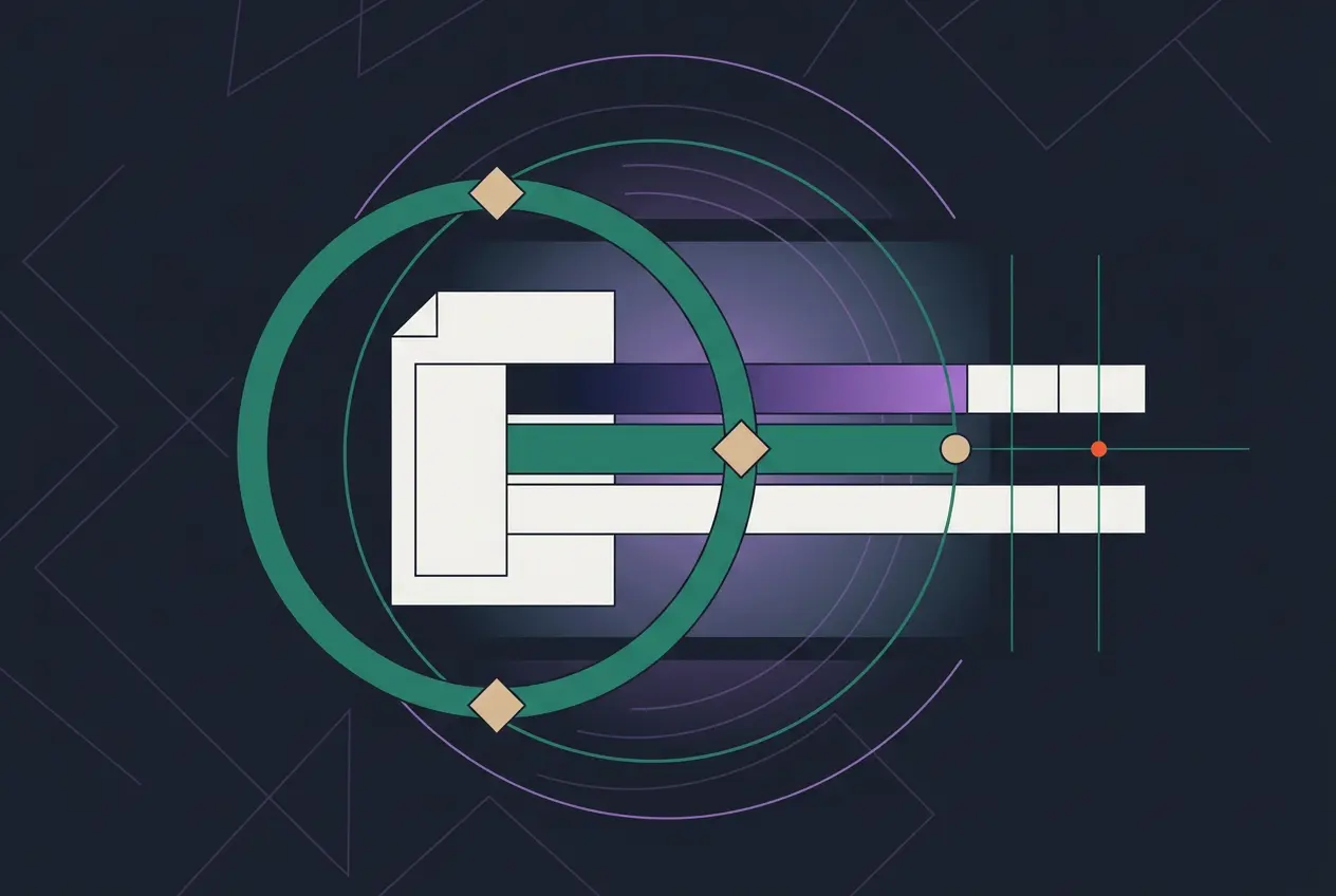 Abstract digital illustration featuring geometric shapes, including a green circle, rectangles, lines, and diamond shapes on a dark background with subtle purple gradients and layered circular elements—evoking the complexity of managing regulatory contracts through its sophisticated arrangement and interplay of forms.