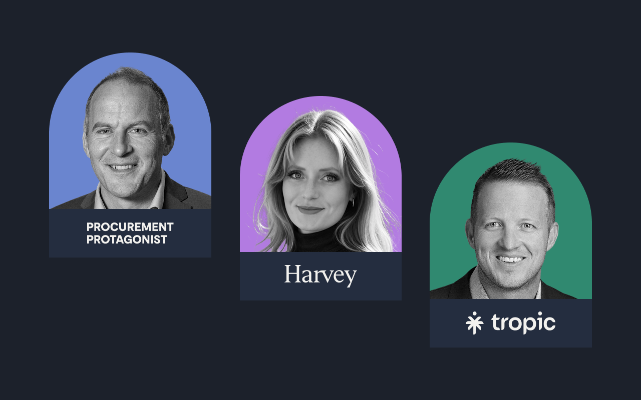 Three portraits in arched frames: an AI Procurement Protagonist, a woman labeled Harvey, and a man next to the Tropic logo.