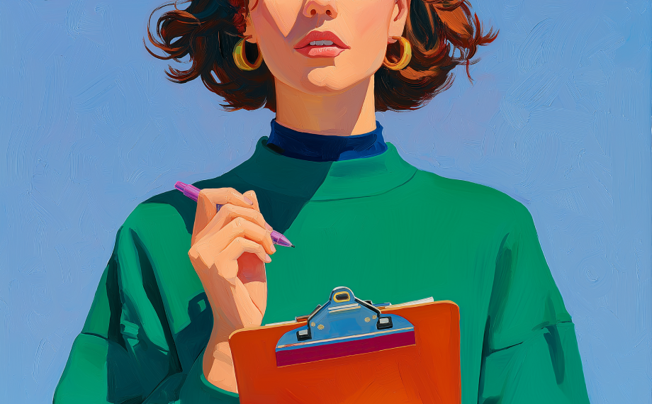 A woman with wavy brown hair, wearing gold hoop earrings and a green sweater, holds a pen and a clipboard, appearing thoughtful against a blue background.
