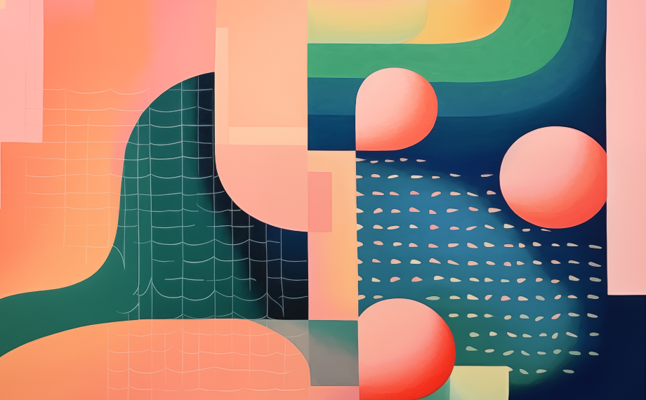 Abstract digital artwork featuring peach, green, and navy shapes, with three large peach circles, curved lines, and grid-like patterns overlaid on a geometric background in warm and cool tones.