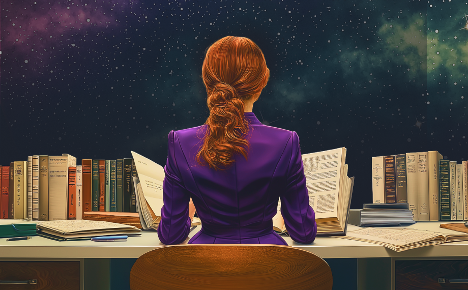 A woman with red hair in a ponytail, wearing a purple jacket, sits at a desk filled with open books and papers, reading, with a starry night sky visible in the background.