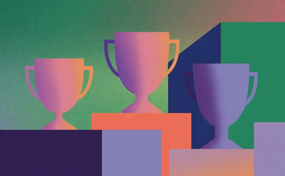 Three trophy silhouettes in purple and pink hues are displayed on podiums of varying heights, set against a green and orange gradient background—an eye-catching scene that celebrates the achievements of contract masters.