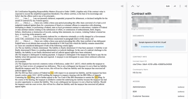 A computer screen displays a contract with blurred personal information on the right and tax-related legal text on the left, including bold headings, a digital signatures section, and a sample agreement PDF download link.