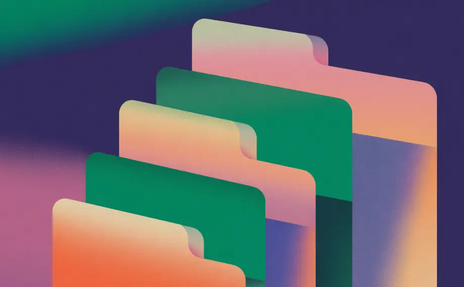 Several overlapping file folders in shades of green, pink, orange, and purple, set against a gradient background, create a modern and abstract digital illustration that visually distinguishes concepts such as contract metadata vs process data.