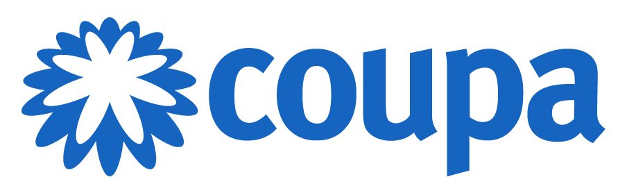 The image shows the Coupa logo, featuring a blue stylized flower icon to the left of the word “coupa” in lowercase blue letters, symbolizing streamlined coupa integration for businesses.