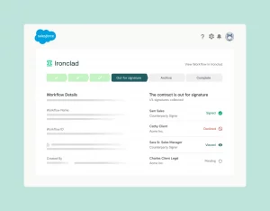 A computer screen displays a digital contract workflow in Salesforce, similar to systems like Qualia, showing the contract status as “out for signature” with lists of roles and whether they have signed or viewed the document. The Ironclad logo is visible at the top.
