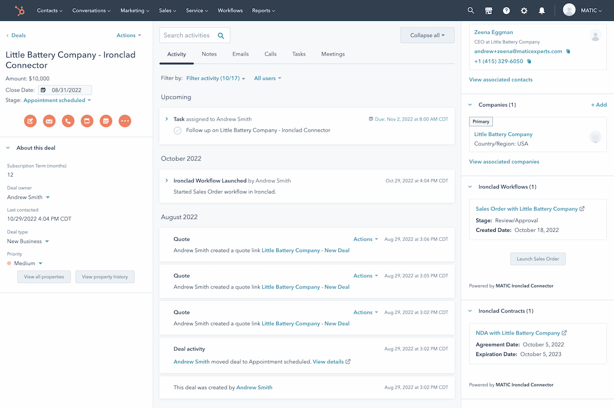 Screenshot of a HubSpot CRM deal page for “Little Battery Company - Ironclad Connector,” displaying deal details, activity timeline, contact info, and associated company and workflow information within the HubSpot platform.