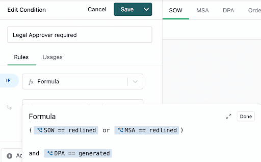 Screenshot of in-product view of approval requirement condition formula