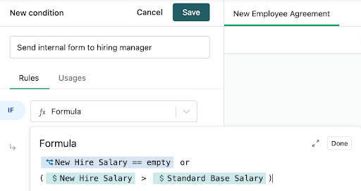 Screenshot of in-product view of creating a new condition and formula to send a form to a hiring manager