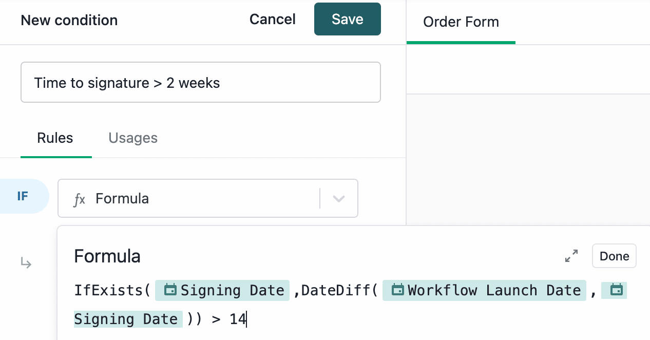 Screenshot of in-product view of time to signature formula