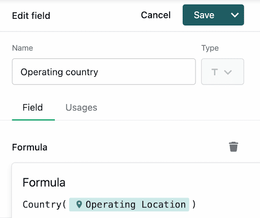 Screenshot of in-product view of operating country field