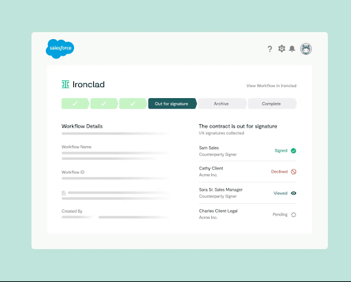 In-product view of contract management in salesforce with Ironclad