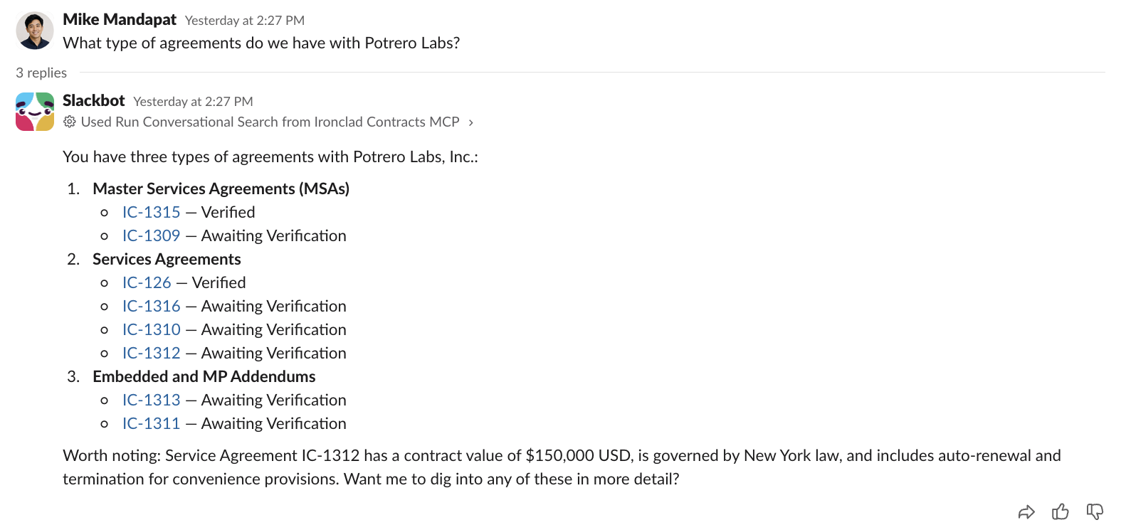 Screenshot of a Slack conversation highlighting contract management in Slack, where Mike Mandapat inquires about agreements with Potrero Labs. A Slackbot responds with links, verification statuses, and types like Master Service Agreements.