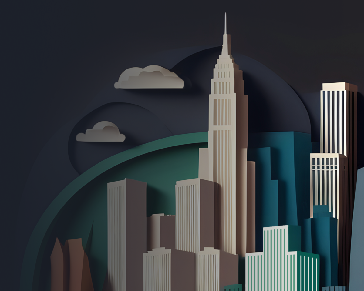 abstract AI generated new york city skyline on dark gray background