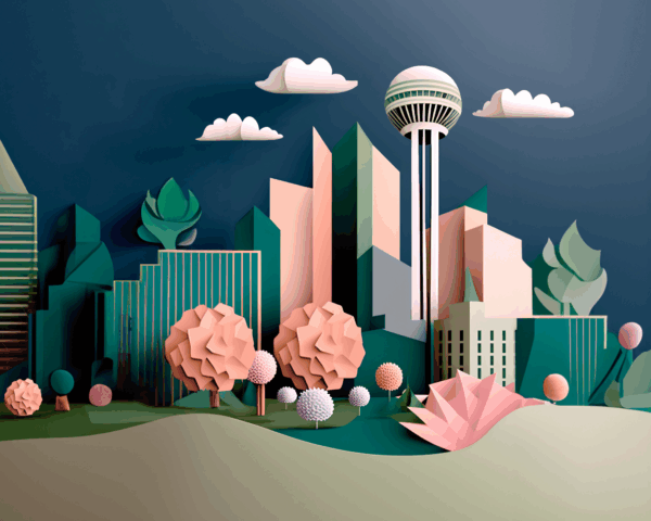 Colorful paper art cityscape with geometric buildings, round trees, and a tall observation tower under a blue sky, blending natural and urban elements in a whimsical style—like a contract AI interpreting the harmony between structure and creativity.