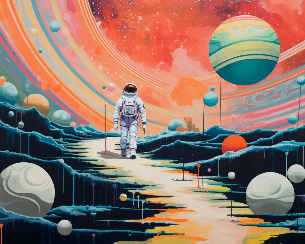An astronaut walks on a surreal, colorful alien landscape shaped by contract ai, with floating planets, swirling skies, and rocky terrain under vibrant cosmic rings.