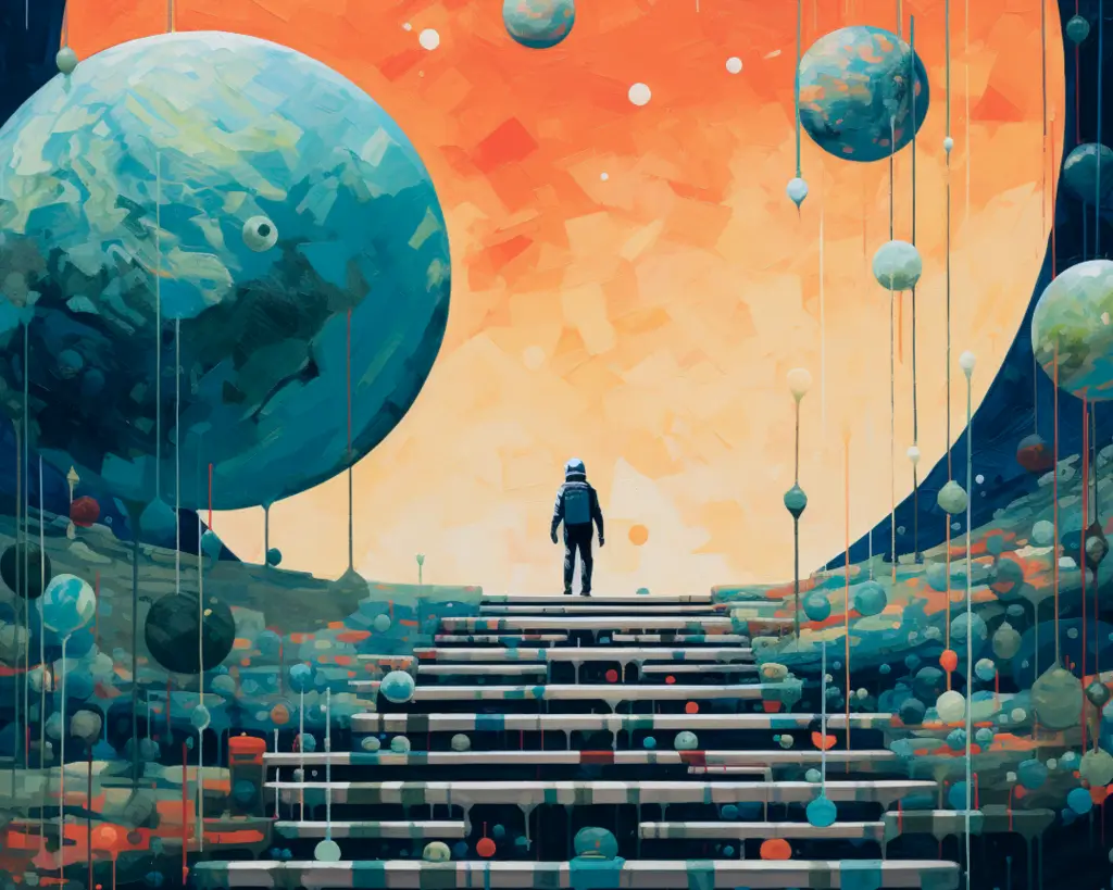 A lone figure ascends surreal, floating stairs toward a glowing orange sky, surrounded by abstract, colorful planets and spheres in a dreamlike, cosmic landscape—an otherworldly vision where the boundaries of reality blur much like the possibilities unlocked by contract AI.