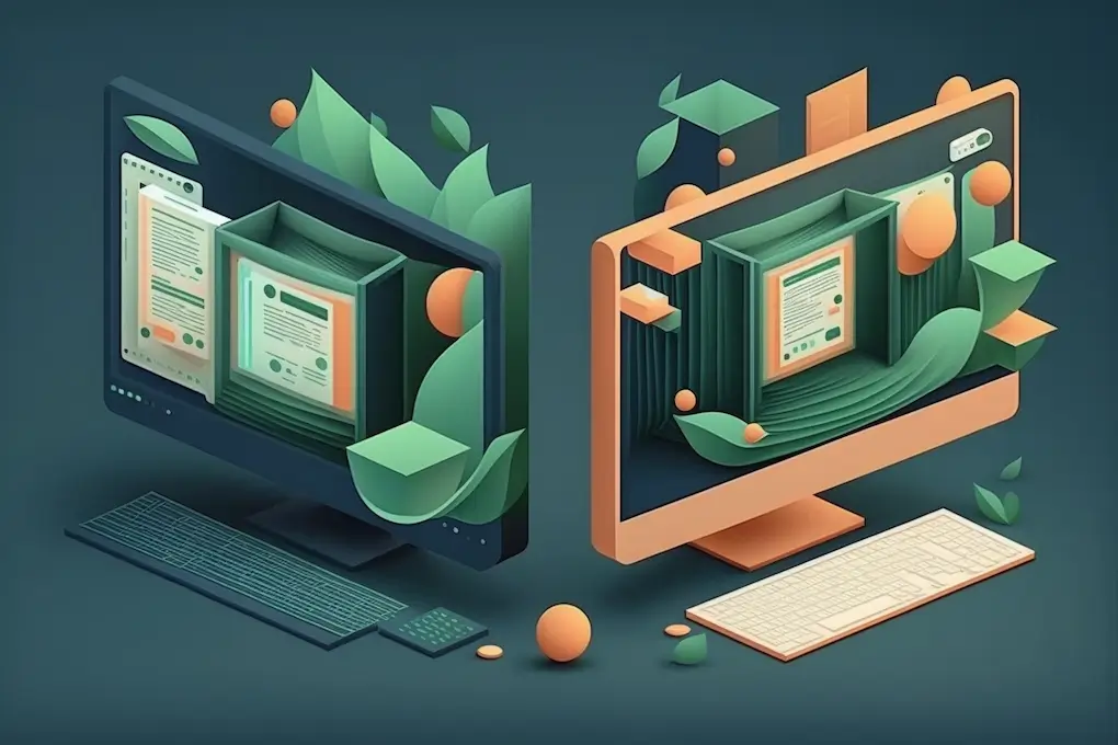 Two desktop computers with keyboards display digital documents surrounded by abstract leaves, cubes, and spheres, blending nature and technology elements in a modern, stylized design that subtly hints at the complex legal issues in e-commerce.