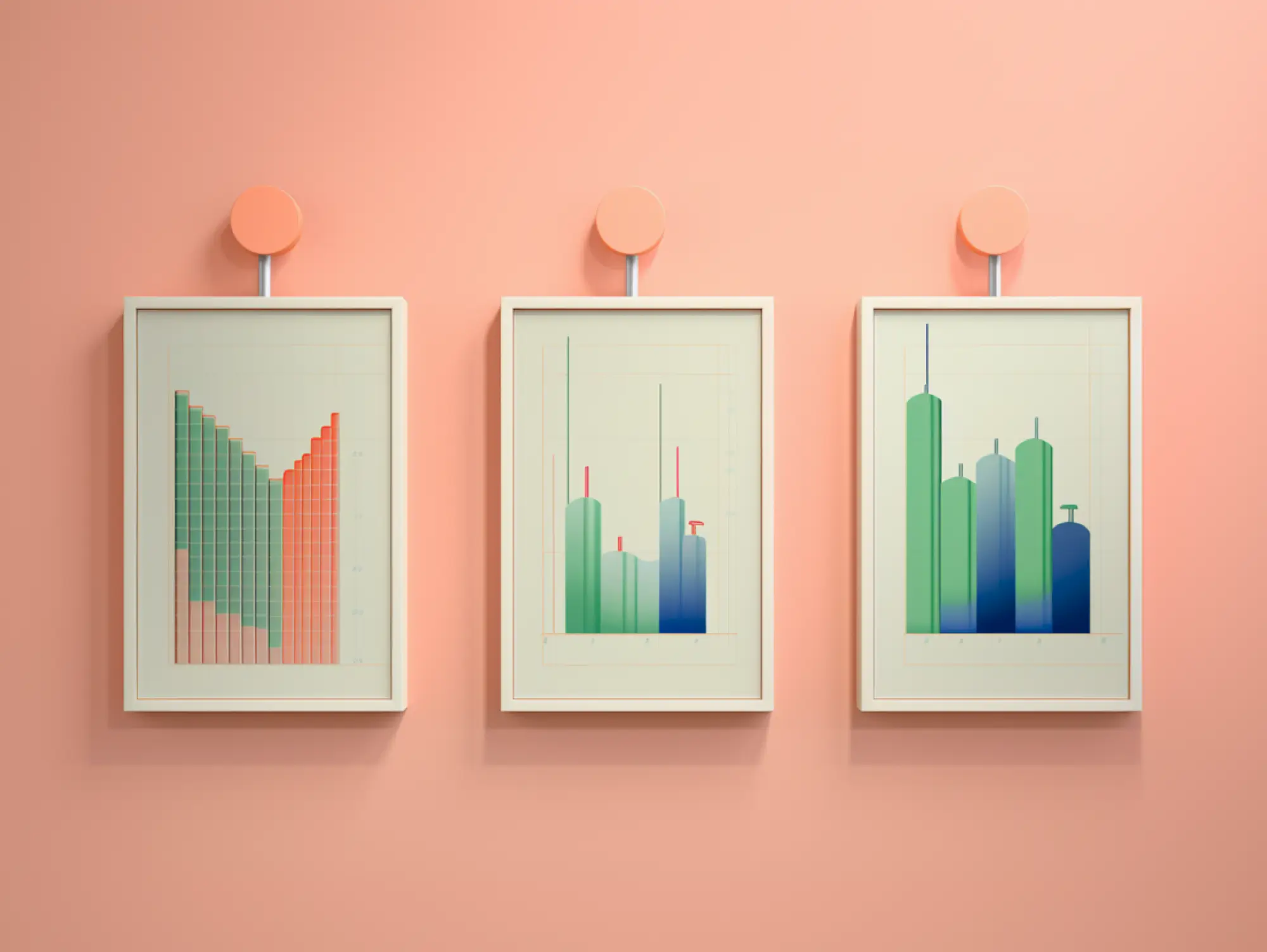 Three framed abstract bar graphs, inspired by legal metrics, in red, green, and blue tones hang on a peach-colored wall, each suspended from a circular hook above.