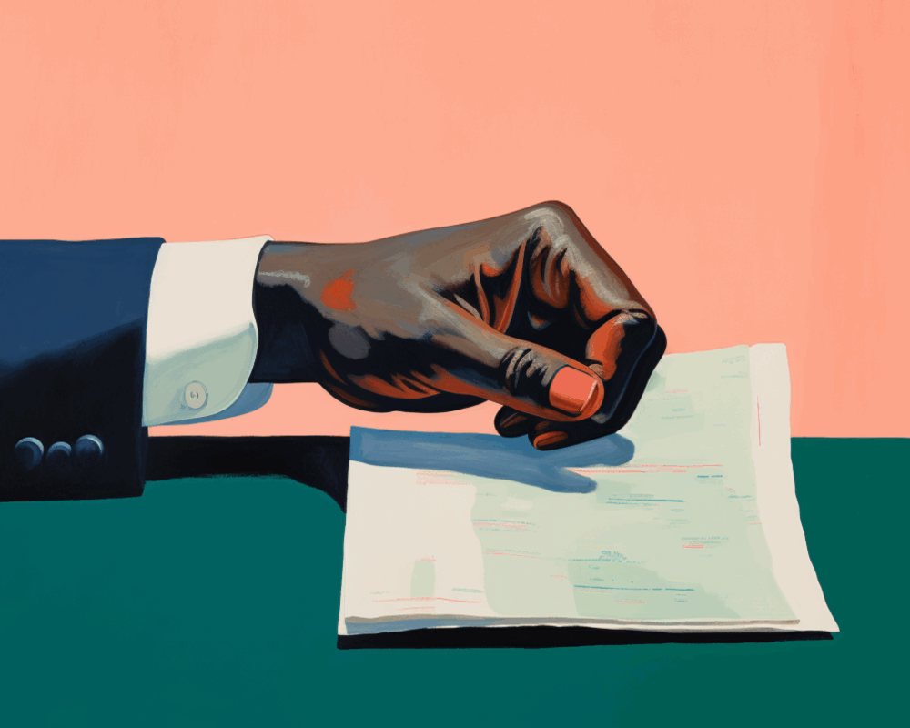A person in a dark suit clenches their fist atop a sheet of paper on a green table, set against a pale peach background—symbolizing the moment GCs take over contracting.