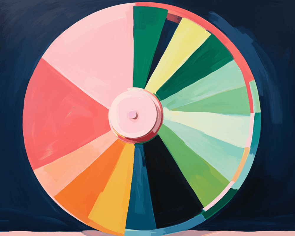 A colorful spinning wheel divided into vibrant pie-shaped segments in pink, green, yellow, orange, and black spins against a dark blue background—symbolizing how GCs take over contracting with dynamic energy.