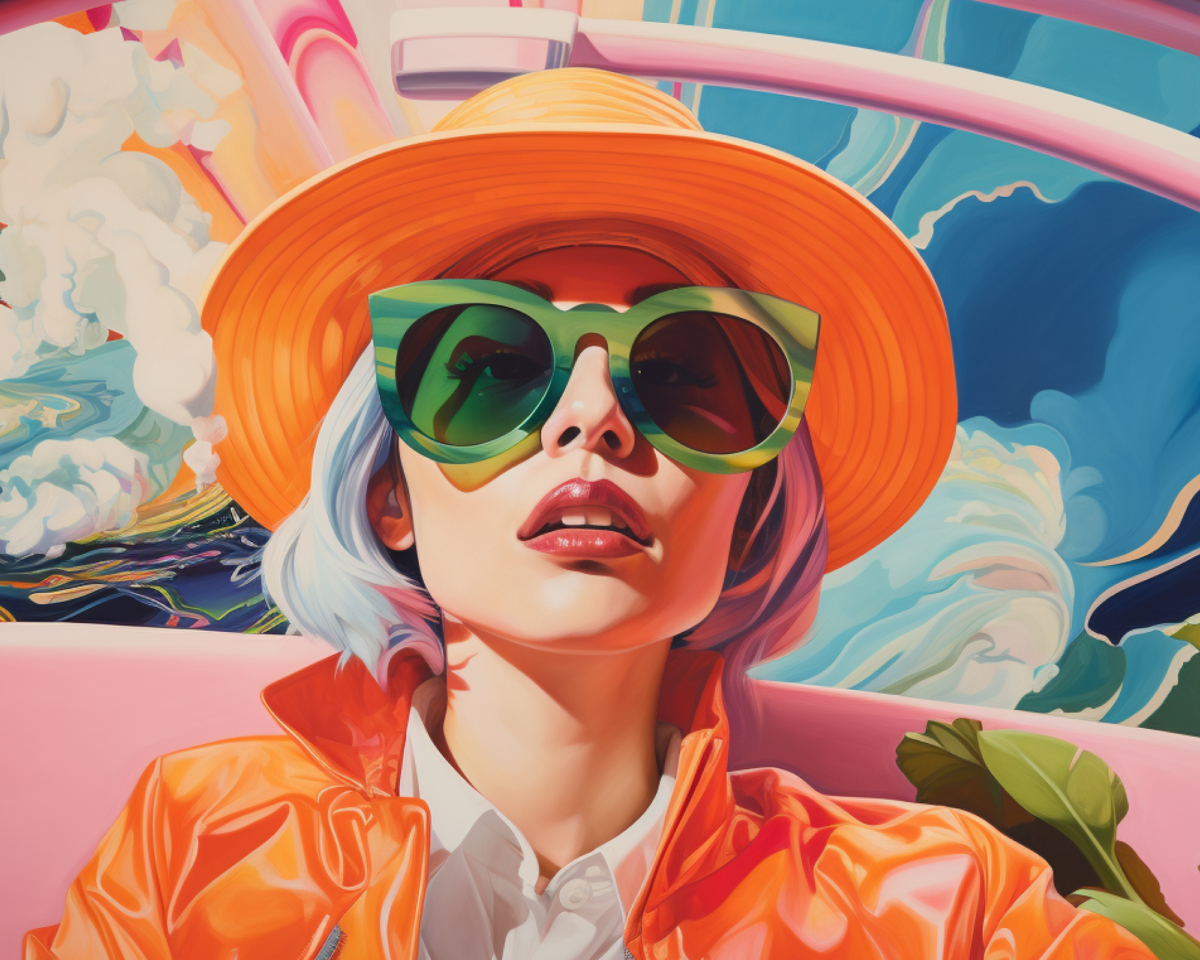 ai generated woman in a hat and sunglasses driving a convertible