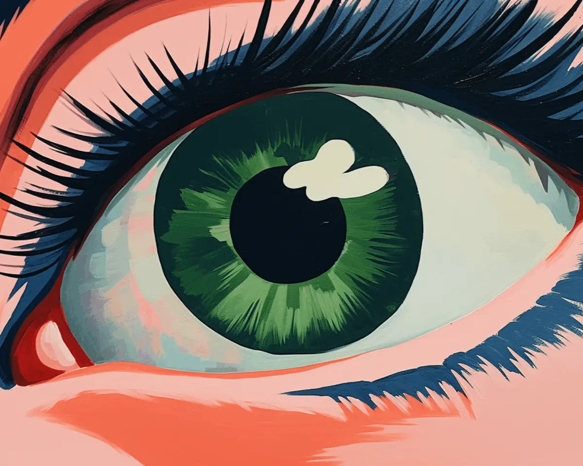 A close-up illustration of a green eye with long black eyelashes, a white reflection in the pupil, and a stylized pink and blue-toned surrounding area evokes subtle undertones of fear and resistance in legal settings.