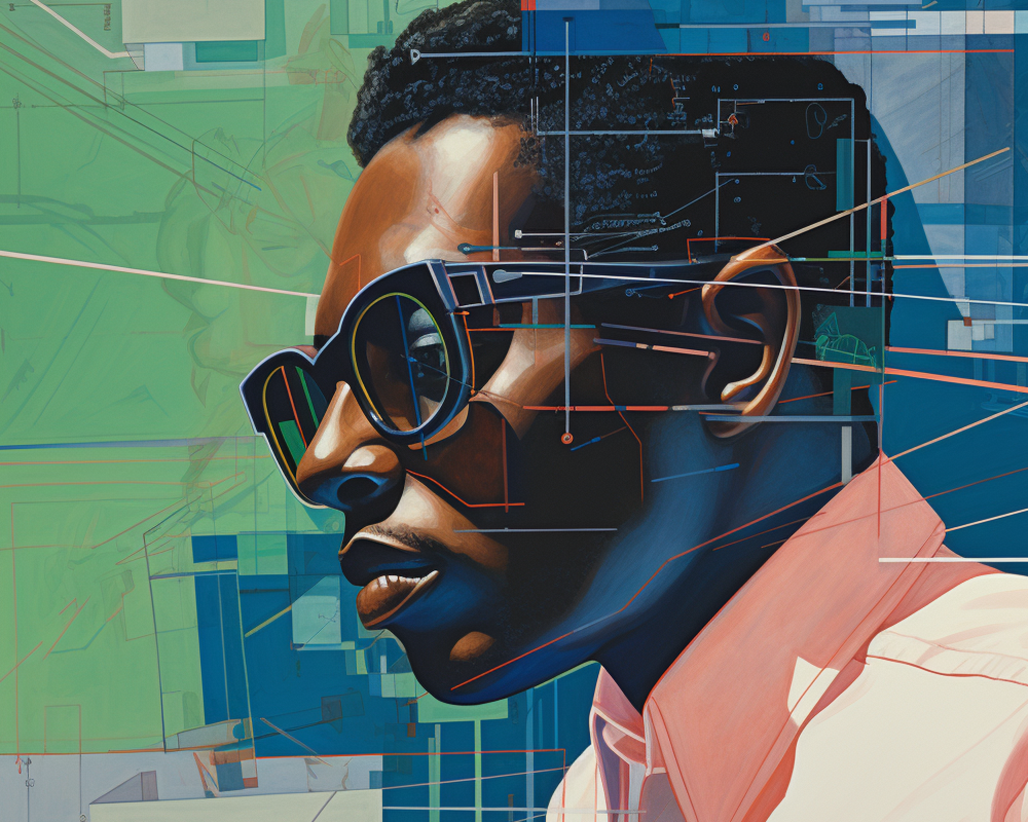 an AI generated image of a black man in sunglasses and a pink shirt in profile