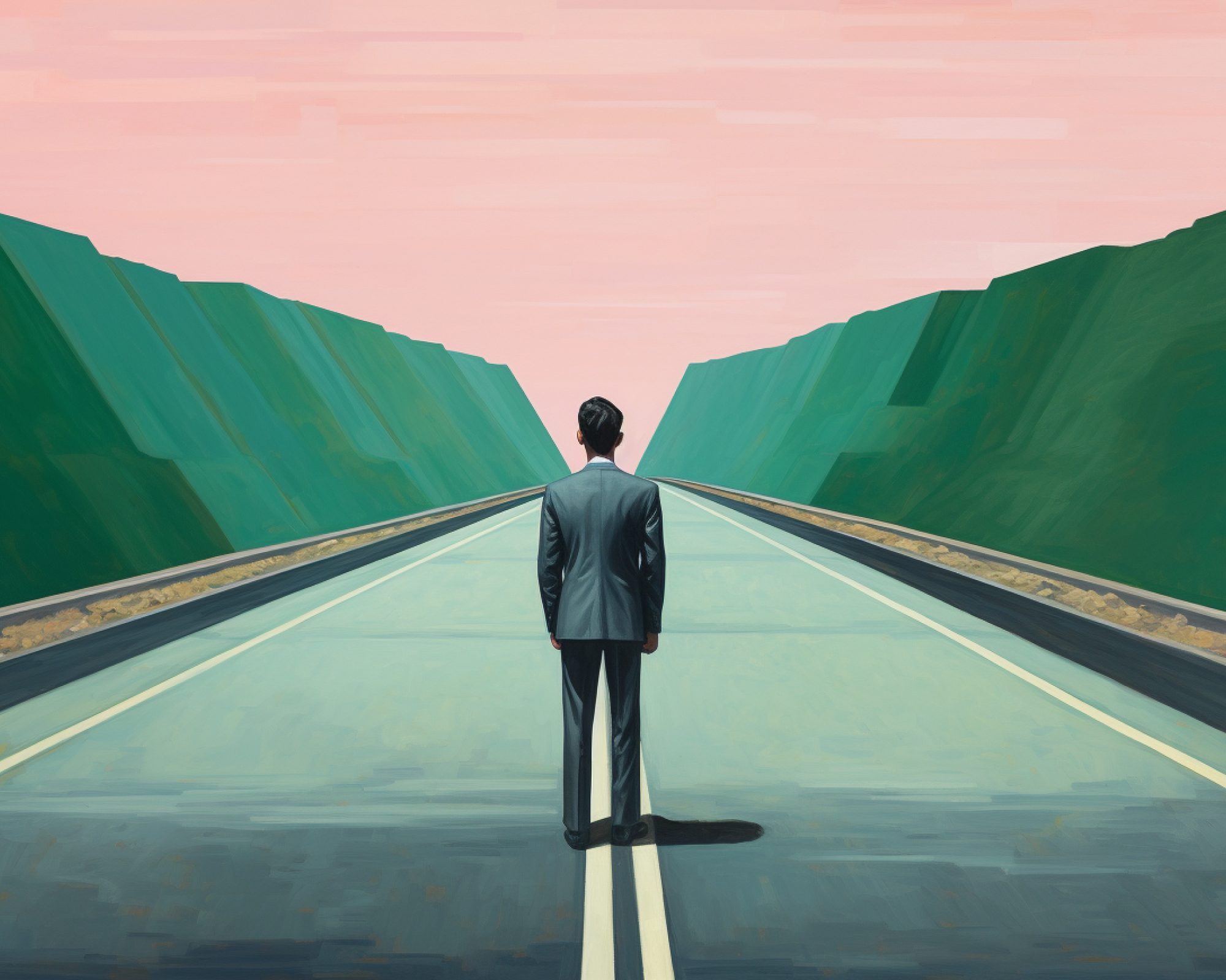 AI generated image of a man standing in the middle of an empty road