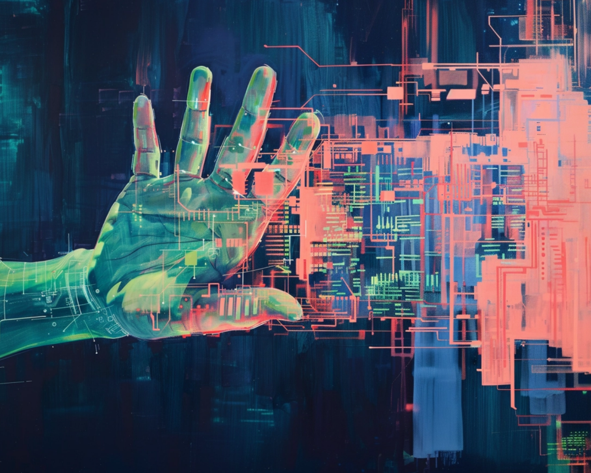 AI generated image of hand reaching towards abstract 
