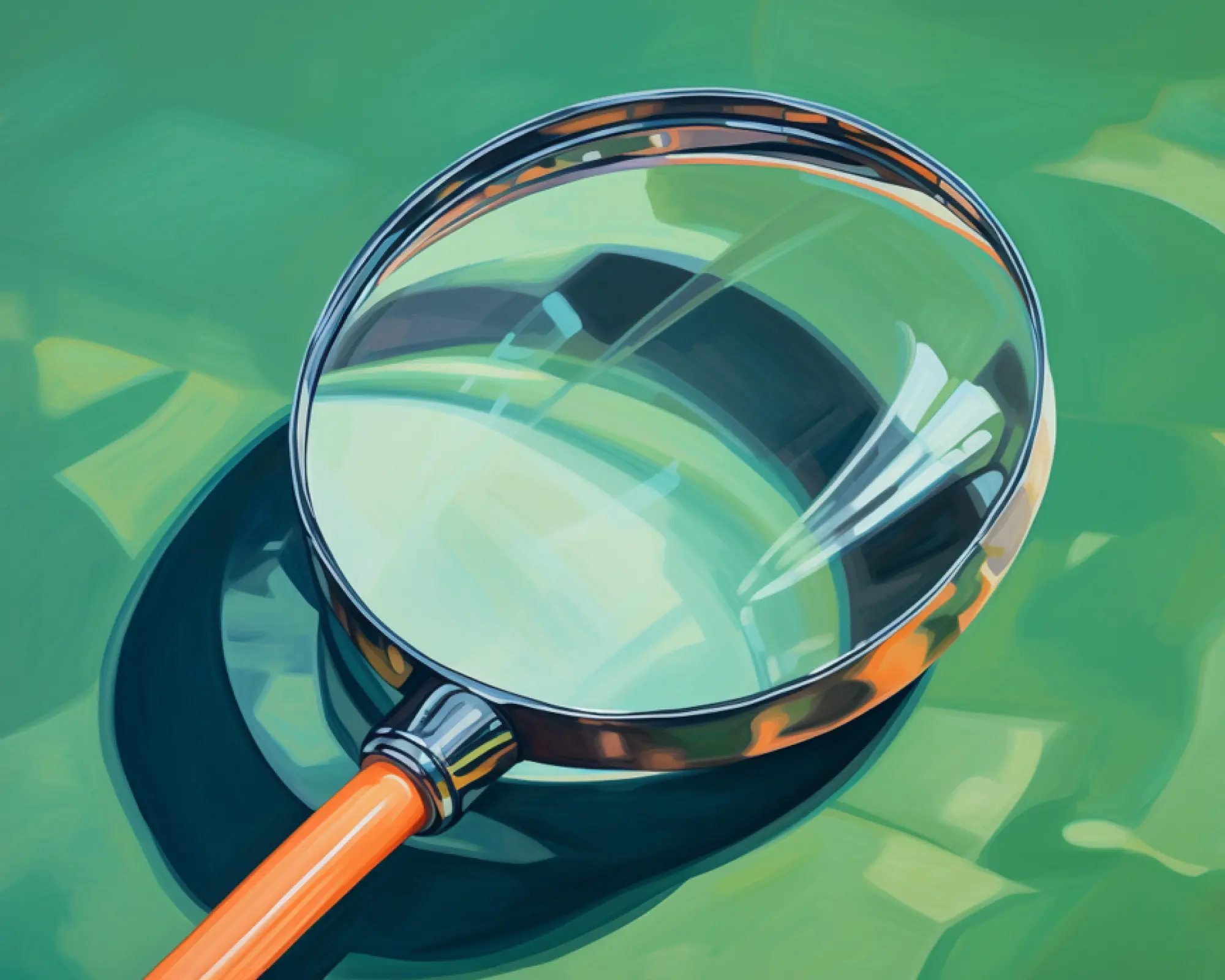 A large magnifying glass with an orange handle rests on a green surface, casting a distinct shadow and reflecting light within its round lens—almost as if AI were examining every detail up close.