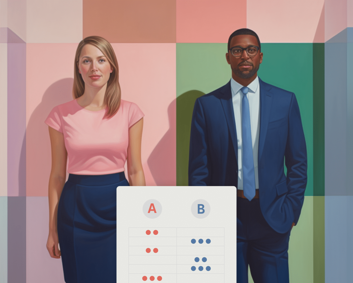 AI generated image of a man and woman standing side by side with a grading dot scale in front of them