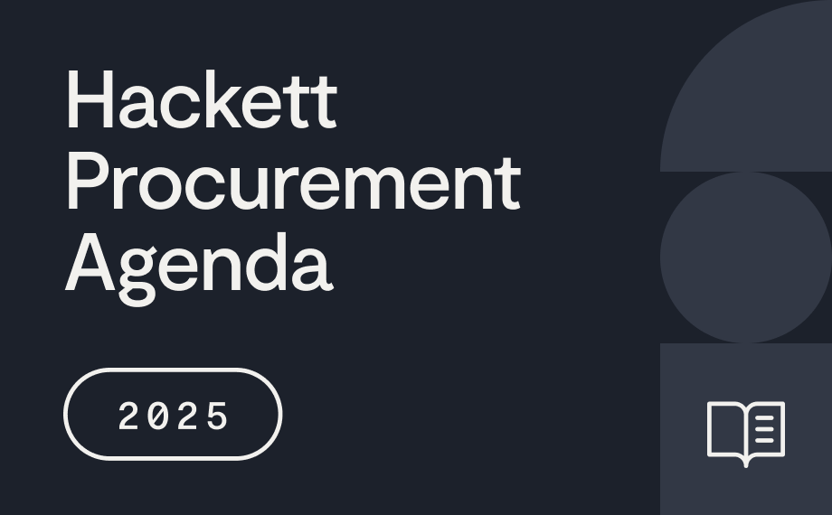 Dark background with white text that reads Hackett Procurement Agenda and 2025 inside a rounded box, with an open book icon and abstract shapes on the right.
