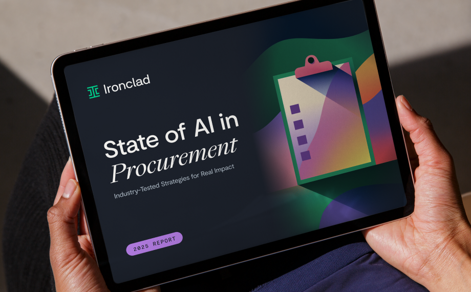 Person holding a tablet displaying a report titled State of AI in Procurement by Ironclad, with a colorful clipboard graphic and a label reading 2025 Report on the screen.