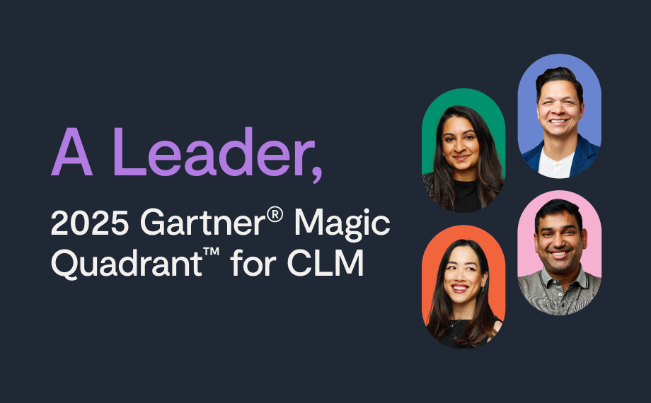 Text reading A Leader, 2025 Gartner® Magic Quadrant™ for CLM next to four headshots of smiling people, each framed by colorful shapes, on a dark background.