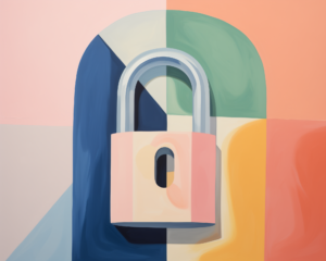 A large padlock is centered against a colorful, abstract geometric background with pastel shades of blue, pink, green, and yellow. The lock casts a soft shadow, giving the image a modern, artistic feel.